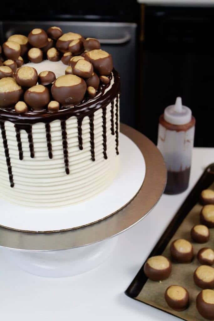 这是一个用花生酱糖霜和巧克力蛋糕层做成的七叶树蛋糕