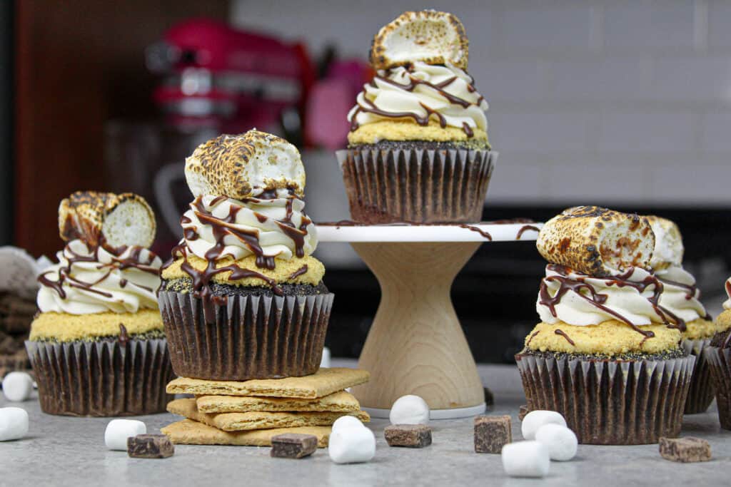 斯莫瑞斯纸杯蛋糕的图片，上面有一个烤棉花糖