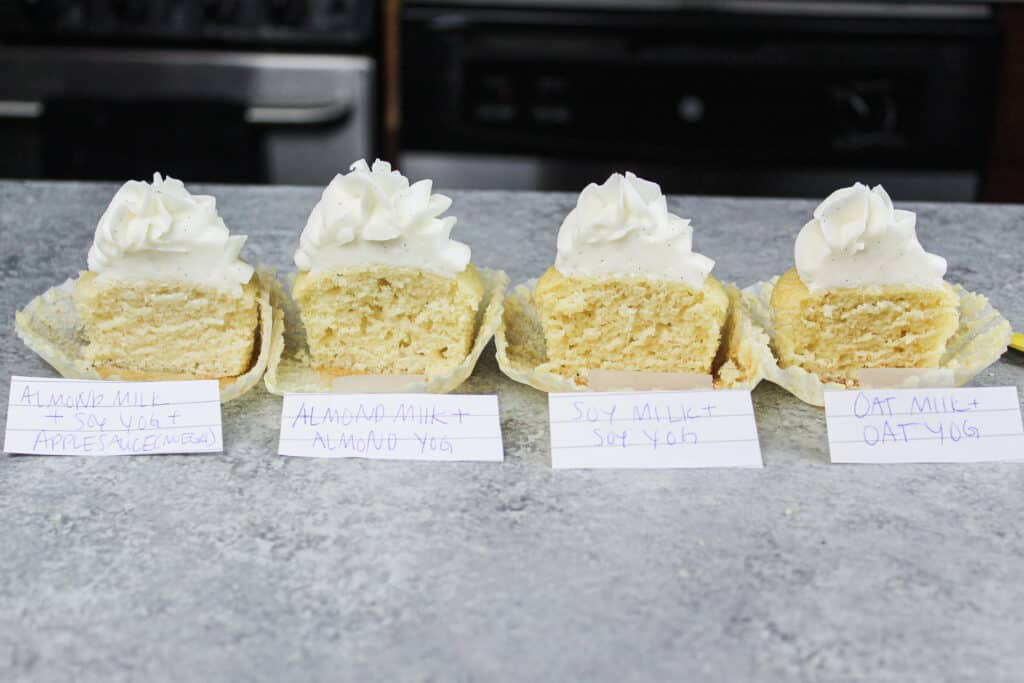 用不同的替代奶制成乳制品免费蛋糕，的图像来查看哪些替代乳品最好与烘