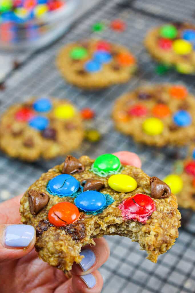 image of gluten free chocolate chip cookie bitten into to show the chewy and soft texture