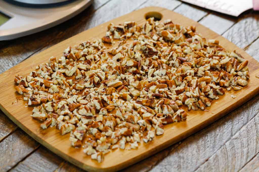 image of chopped pecans ready to be put into a german chocolate cupcake filling