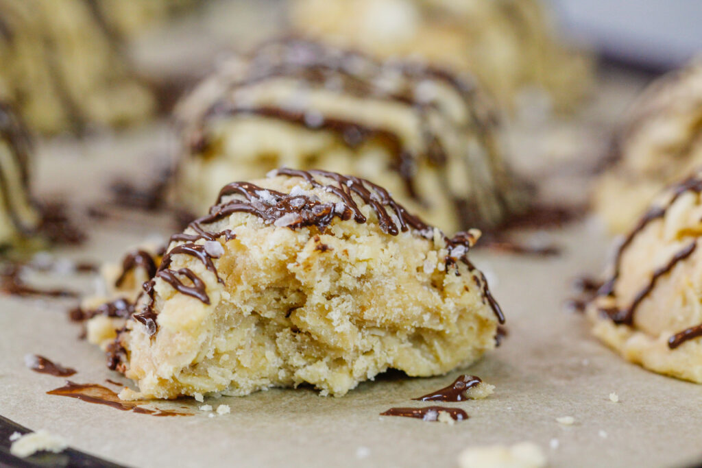 无谷蛋白饼干的图片，已经咬了，以显示它是多么耐嚼和美味