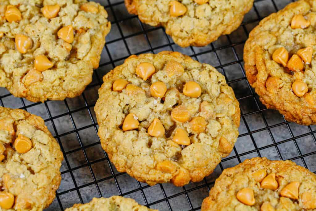 image of oatmeal butterscotch cookies baked and cooling on a wire rack