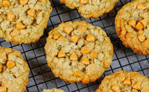 image of oatmeal butterscotch cookies baked and cooling on a wire rack