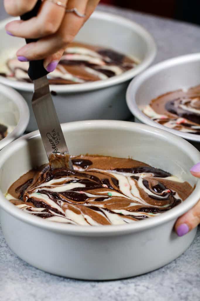 被打动的巧克力和香草蛋糕面团的图象做大理石蛋糕层数