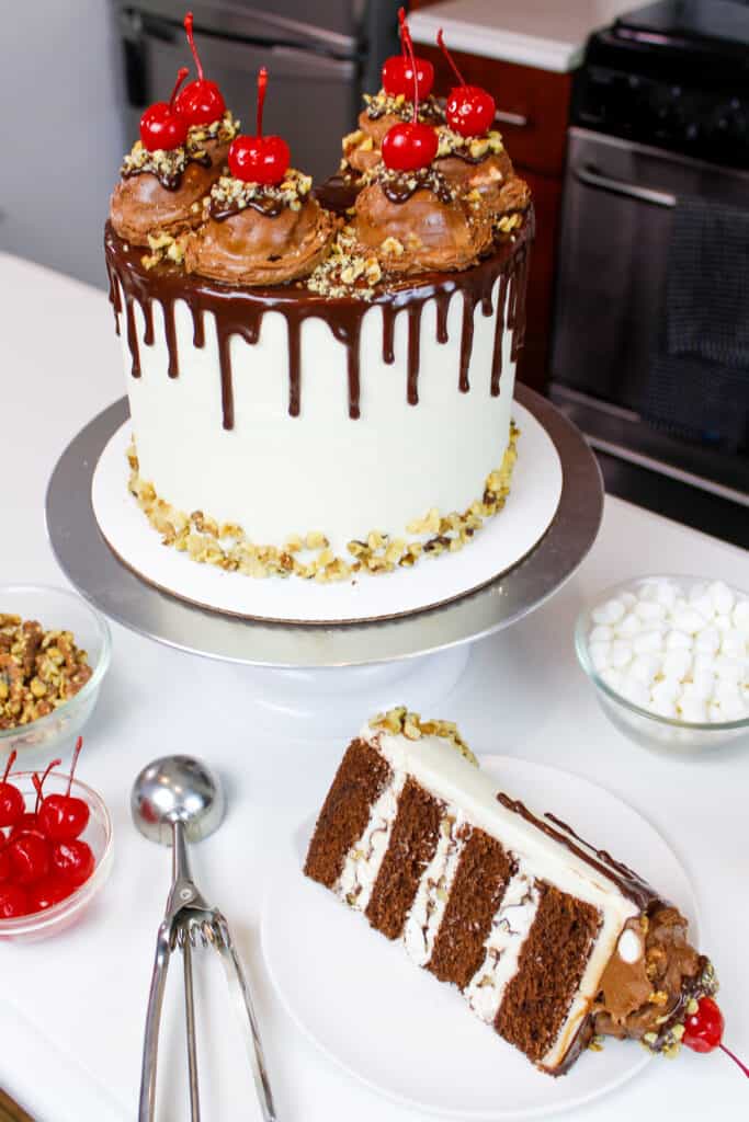 图像的坎坷的蛋糕切成的松软的巧克力蛋糕层和棉花糖坚果馅