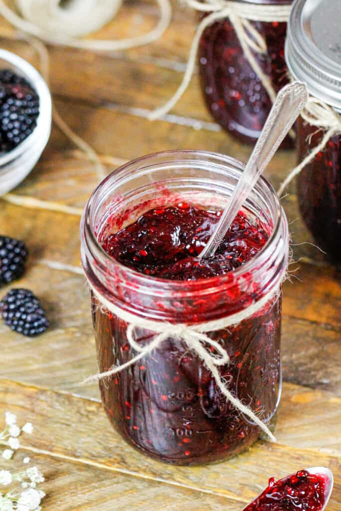 黑莓冷冻箱果酱的图象在栓与麻线的一个逗人喜爱的泥工瓶子