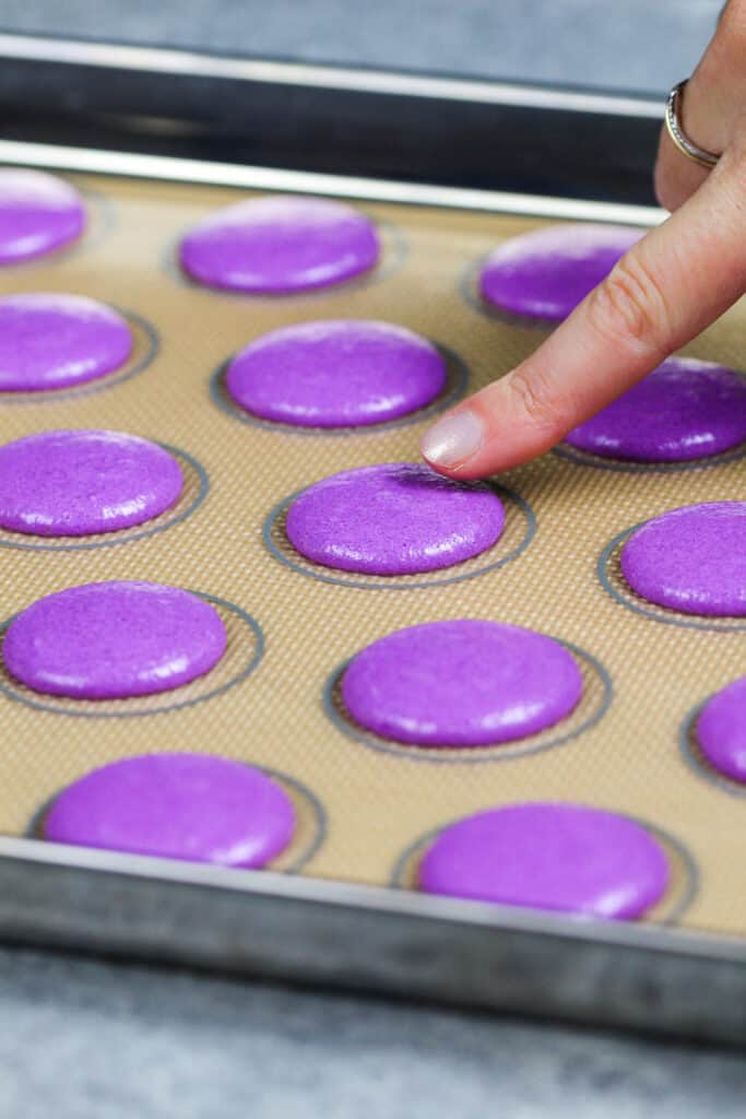 紫色马卡龙面糊的图像，它已经磨好了，正在烘烤前形成表皮