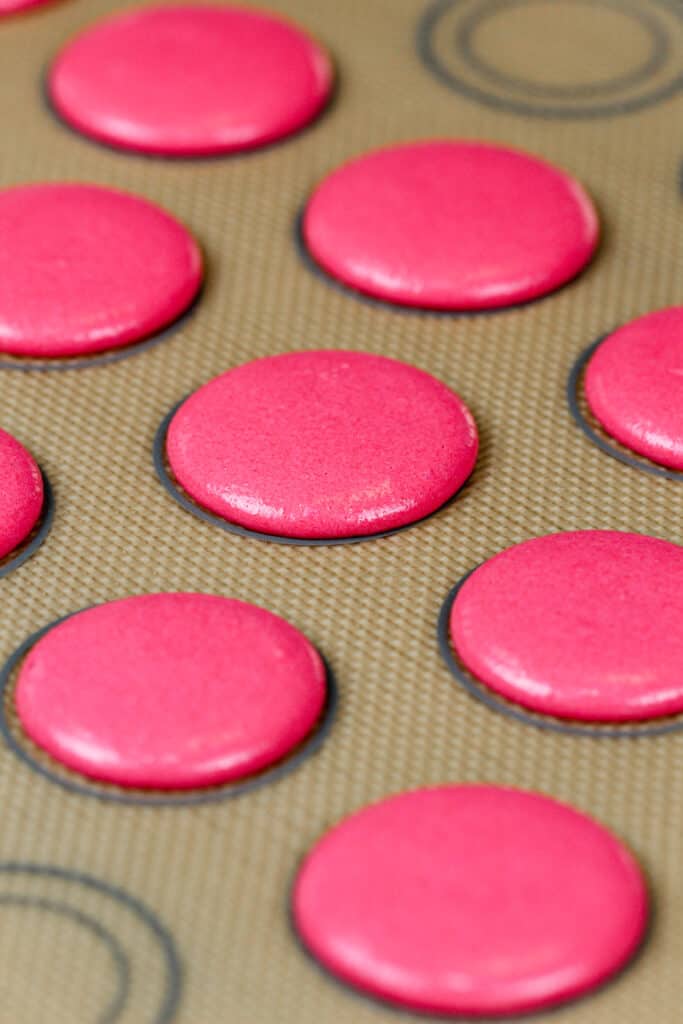 这是粉红色的马卡龙壳，已经形成了表皮，现在准备烘烤了