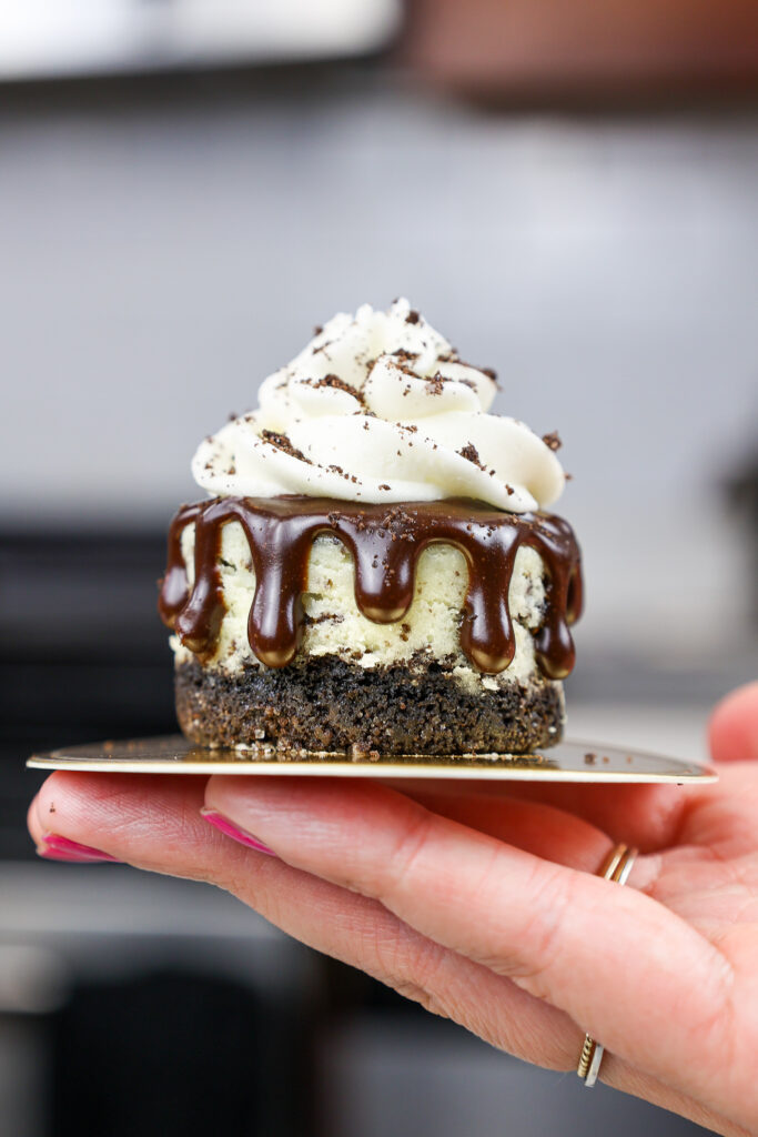 一个迷你奥利奥芝士蛋糕被举在空中显示它有多小