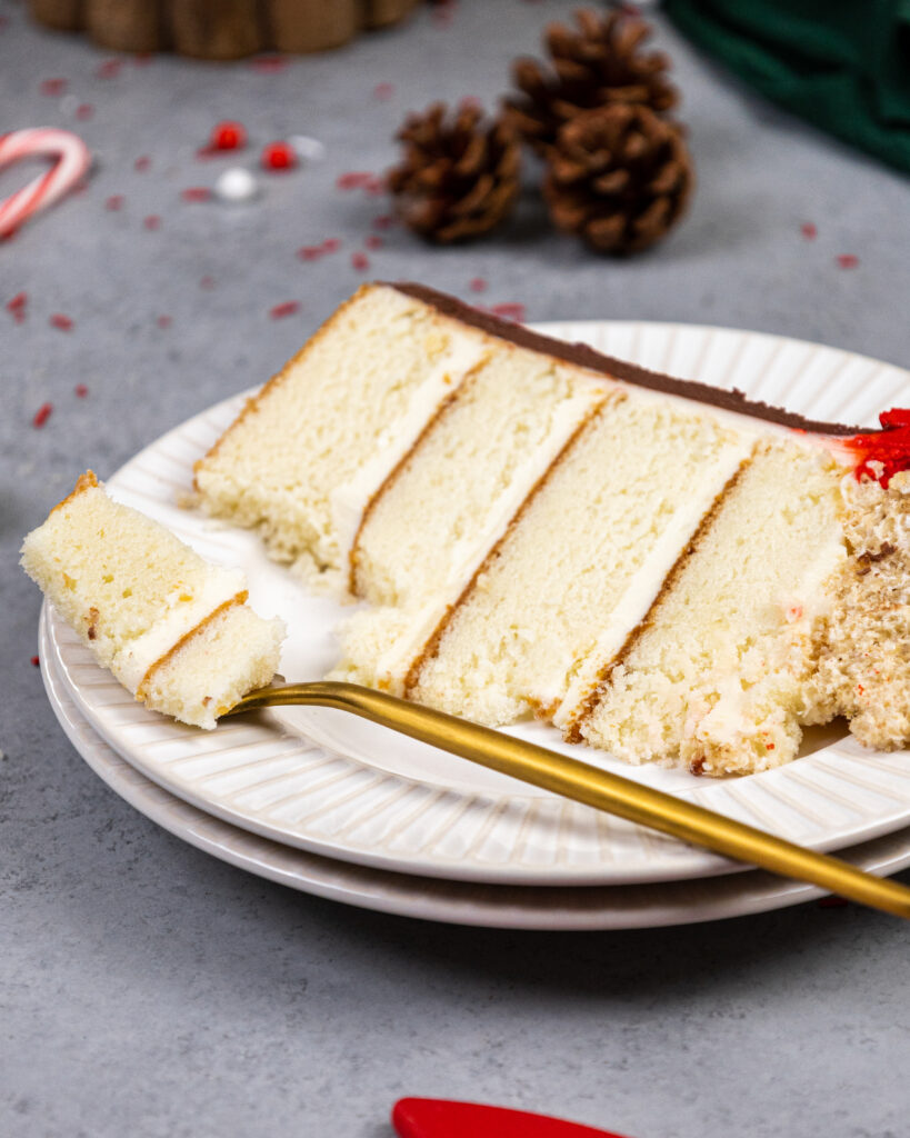 一咬一片香草蛋糕的形象从一个侏儒蛋糕