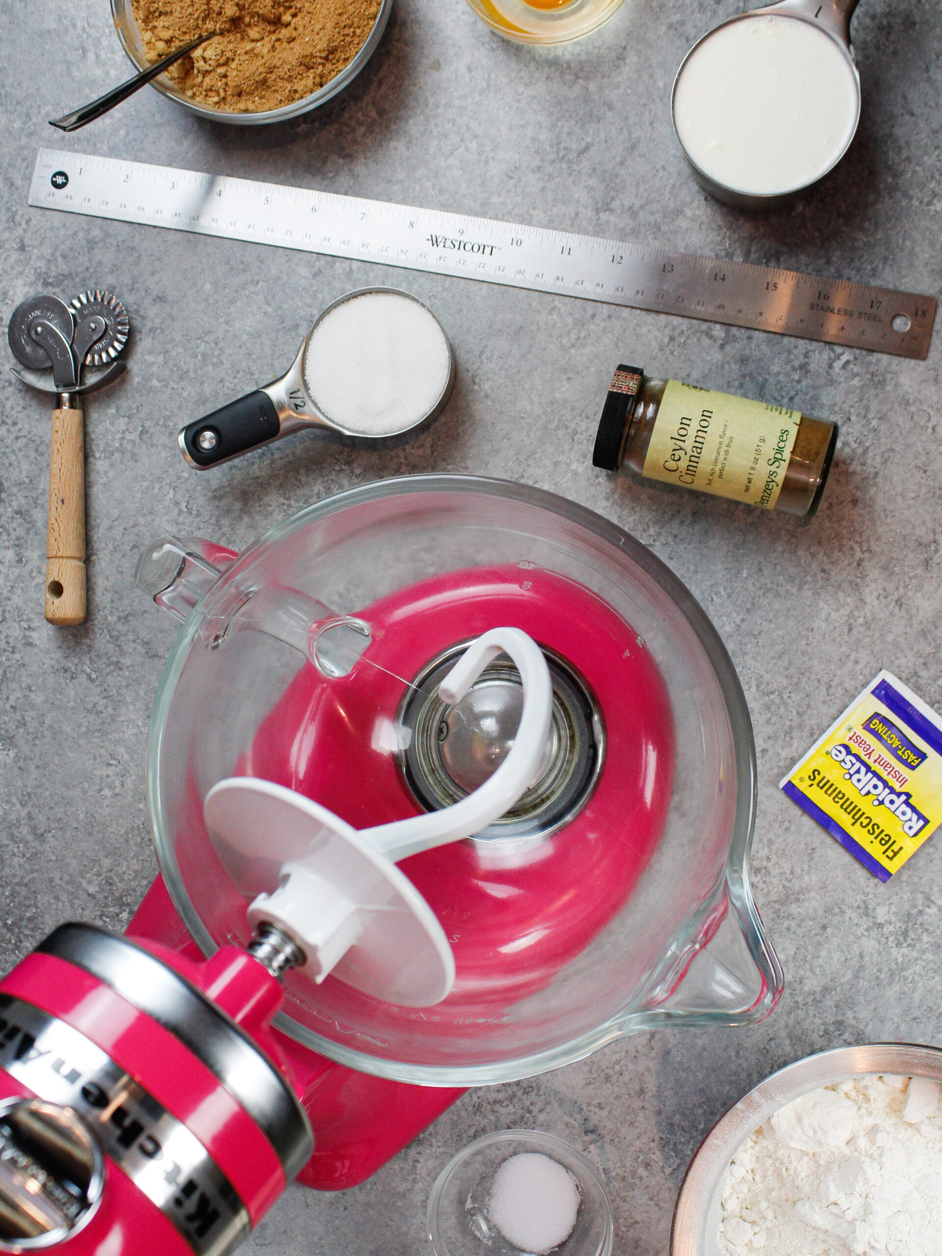 image of homemade cinnamon rolls ingredients, laid out before being made.