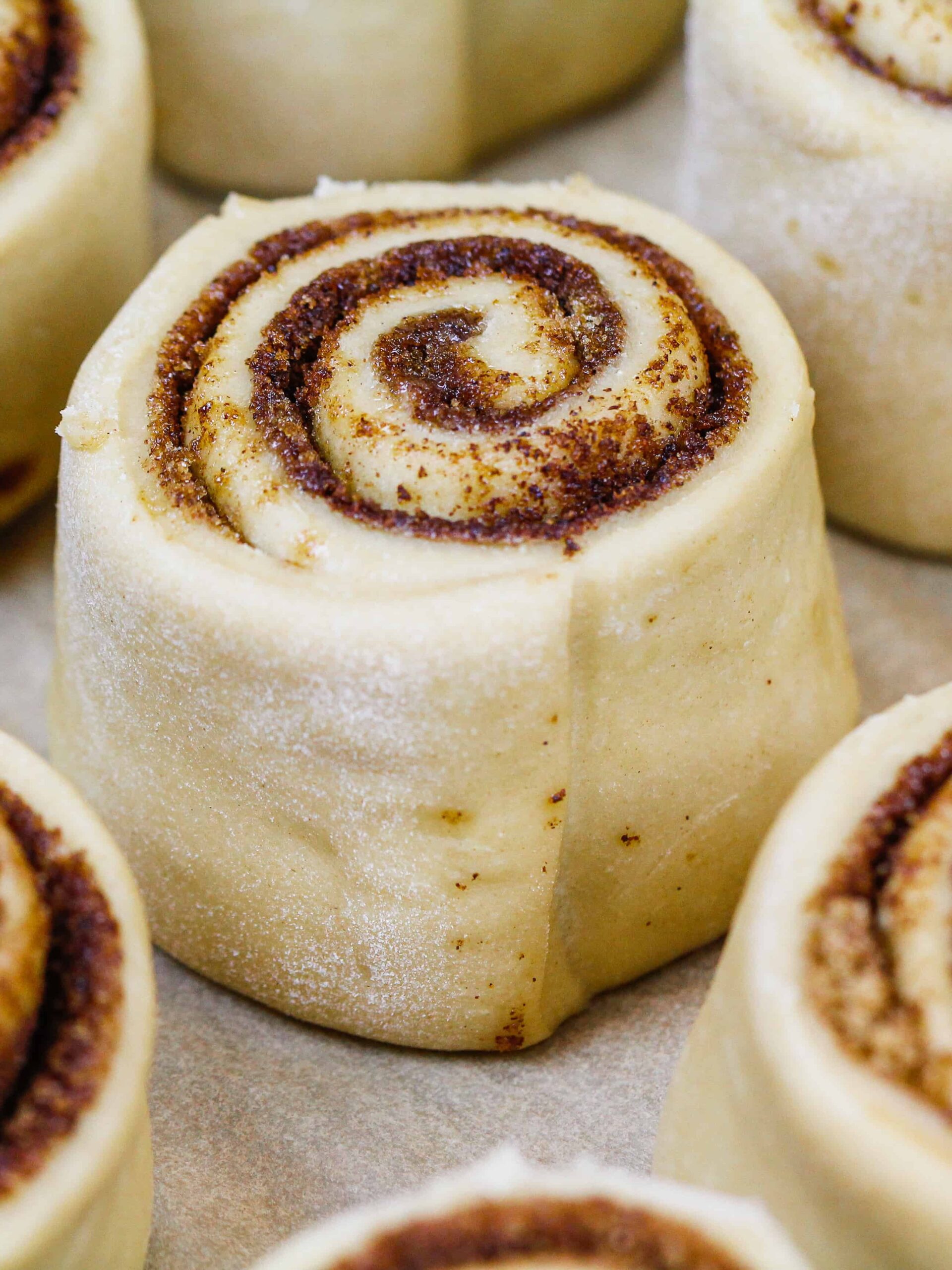 image of coffee cinnamon rolls in a pan ready to be proofed